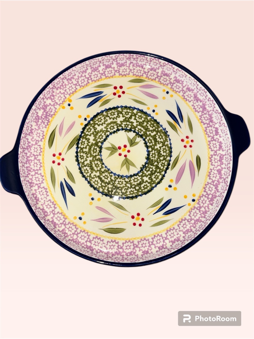 Temptations by Tara 12” D Old World Tray. Navy, Pink, Gray, Yellow Ovenware